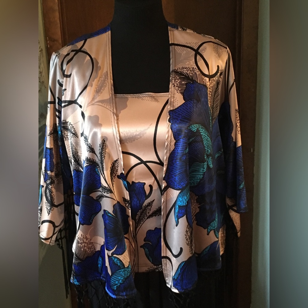 Joseph Ribkoff Open Front Floral Fringed Jacket and Tank Top Set US Size 10 NWOT